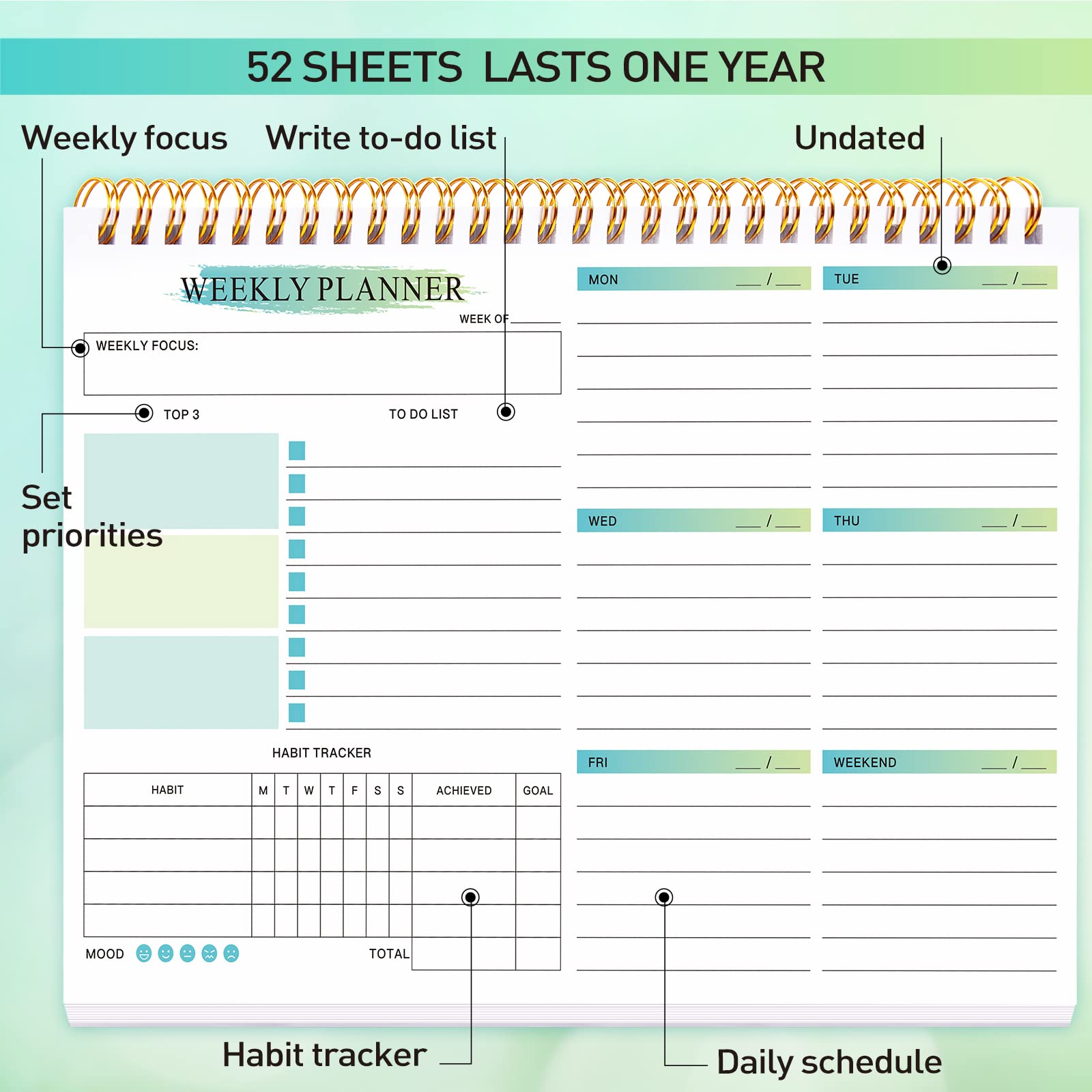 Weekly Planner Notepad with Pen - 52 Undated Weekly Calendar Pad Desk Planner Weekly To Do List Notepad Planning Pad Academic Planner Notebook Habit Tracker Journal Teacher Planner Organize Schedule Goals for Personal Life and Work -7" x 10"