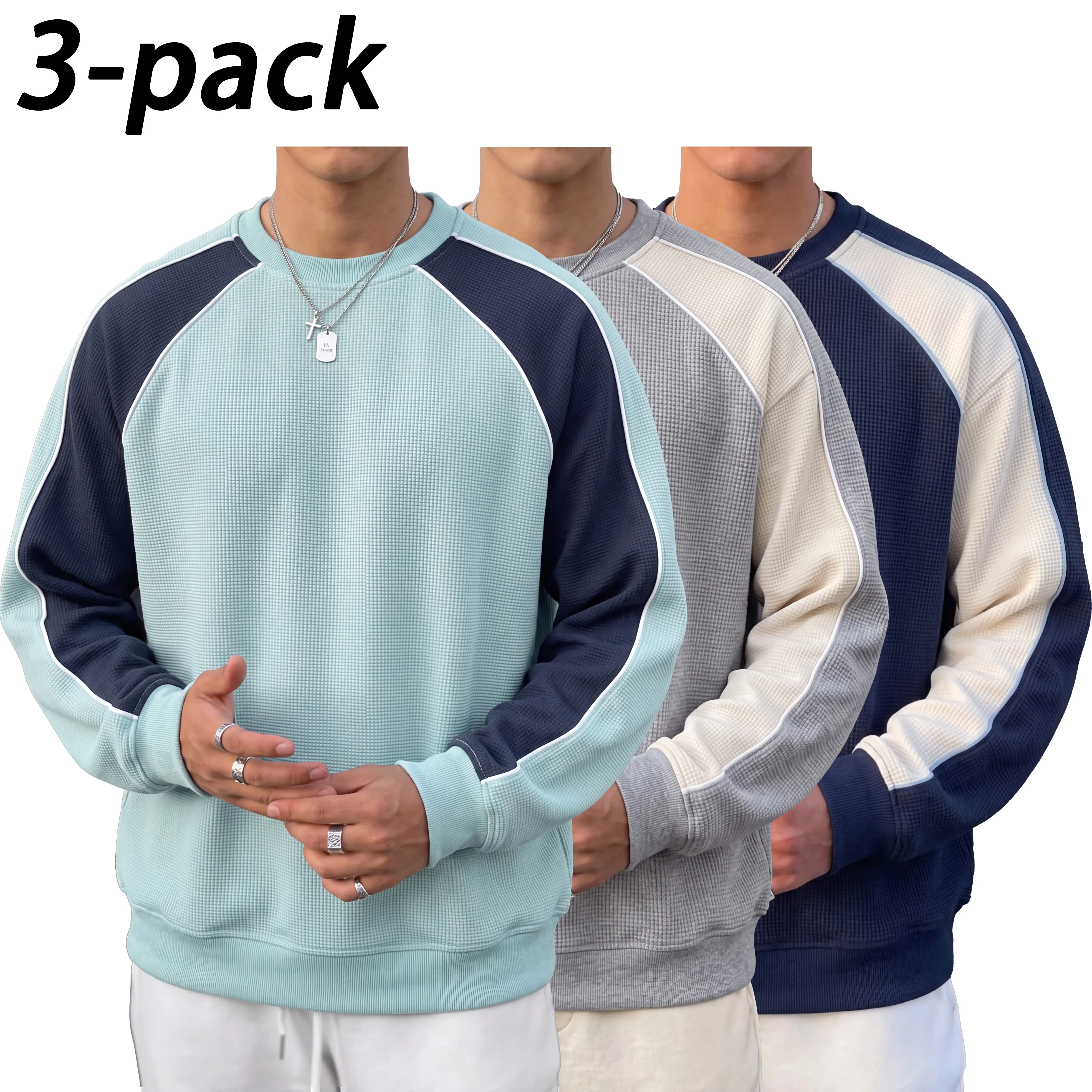 Mens Waffle-Knit Crewneck Sweatshirt - Menswear Knitwear, Stylish Long-Sleeve Raglan-Sleeve Color-Block Pullover, Loose-Fit Round Neck Casual Streetwear Top for Spring & Autumn