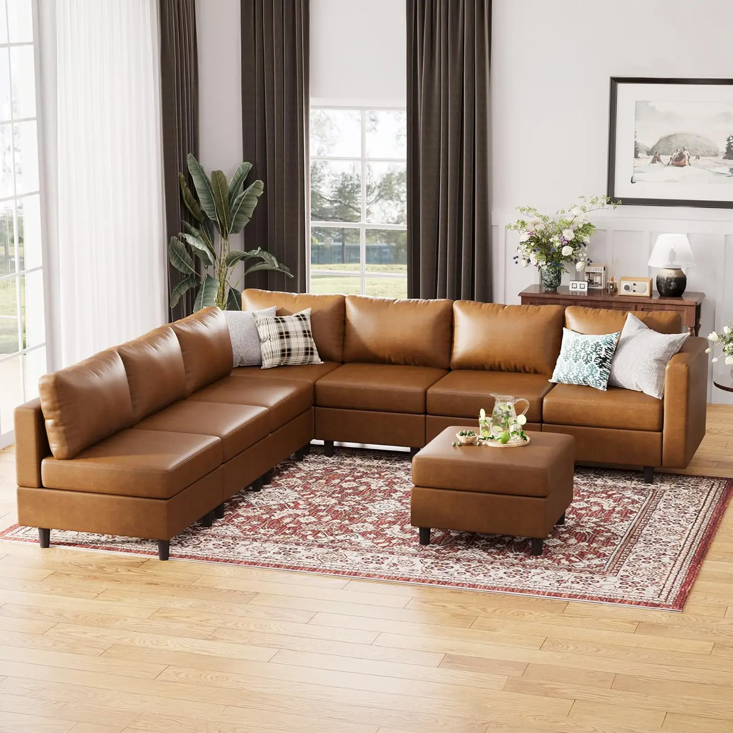 summervibes ABCASA Faux Leather Modular Sectional Convertible Sofa, L/U Shaped Couch Set for Living Room, Apartment, Large Comfy Cloud Couches with Movable Storage Ottoman DIY Combination summervibes