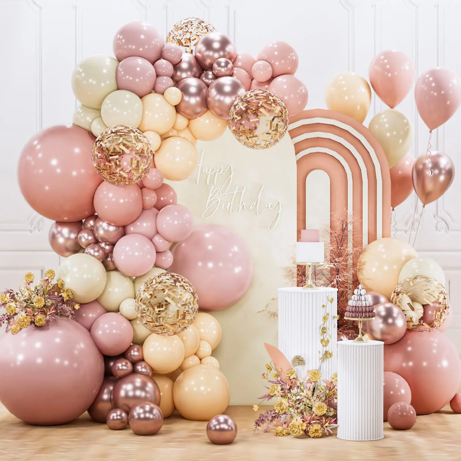 PartyWoo Dusty Pink Balloon Arch Kit Garland 142pcs Different Sizes of 18 12 10 5 Inch Blush Rose Pink Nude White Sand Gold Confetti Boho Balloons for Baby Shower Birthday Wedding Party Decorations, Balloon Arch Backdrop