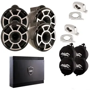 Wet Sounds Two Pairs of Black REV 10 Fixed Clamp Tower Speakers with Wet Sounds Suitz speaker Covers & SDX2 Amplifier