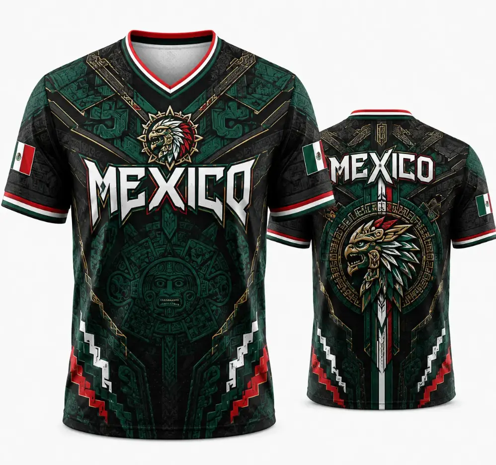 2026 New Mexico Eagle Warrior V-Neck Sports Jersey, Aztec Calendar Graphic Short Sleeve Shirt for Men, Green Black Soccer Fan Tee