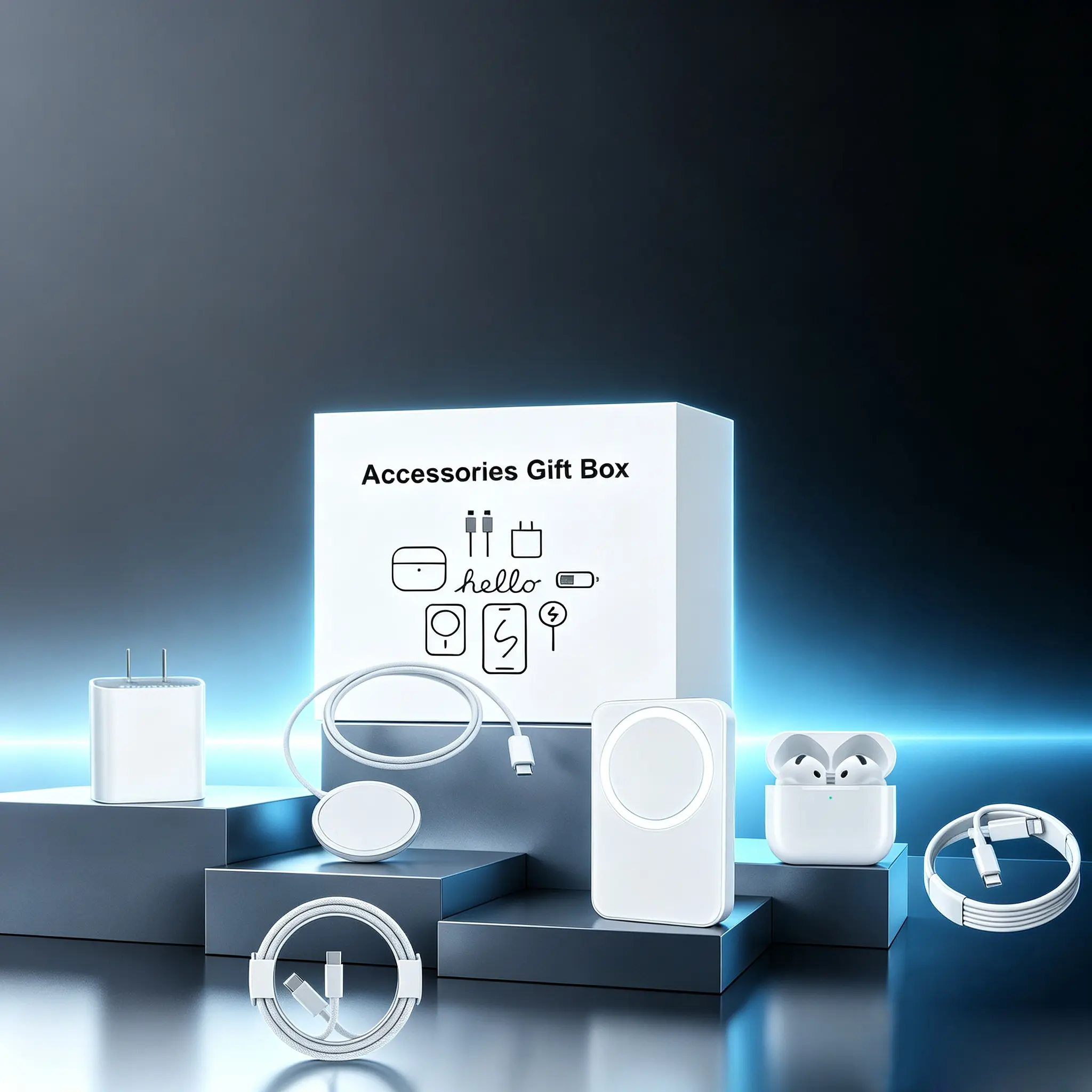 6‑in‑1 Fast‑Charge & Audio Accessory Kit｜Includes 5000mAh magnetic power‑bank, wireless charger, Bluetooth earbuds, adapter, Type-C to Fast Charging Cable,. Compact portable, compatible with iPhone & Android.