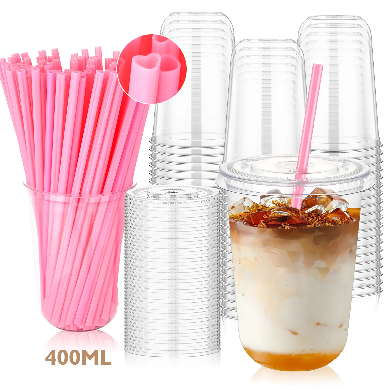 Cute Pink Heart Straw Cups | 100 Sets Party Essential | Leakproof & Spill-Resistant Design for iced coffee protein shake cups | 400ml Large Capacity | Exclusive & galentines party| Eco-Friendly & BPA-Free,Round-Bottom