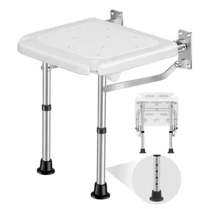 Wall Mounted Folding Shower Seat - Height-adjustable Bathroom Safety Stool  400lbs Heavy Duty Support Foldable Bench For Adults Women & Users