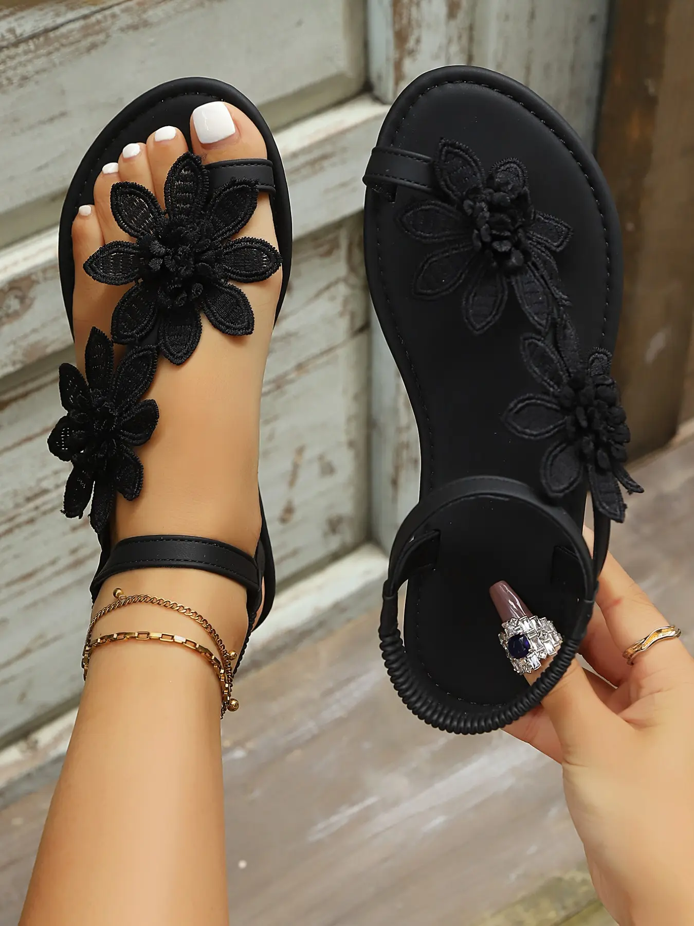 2026 Floral Decor Flowers Women's Flat Sandals, Open-Toe, Soft Rubber Sole, Casual Style, Comfortable & Durable Material, Perfect for Spring and Summer, Footwear