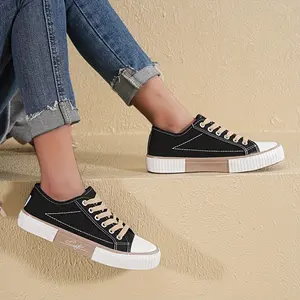 Women's Retro Contrast Stitching Canvas Shoes Embroidery Lines Non-slip Skate Sneakers Springfresh