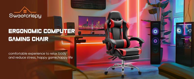 Ergonomic Gaming Computer Chair with Footrest, PU Leather Recliner with Headrest, Fixed Up Armrest, Height Adjustable with 360° Swivel