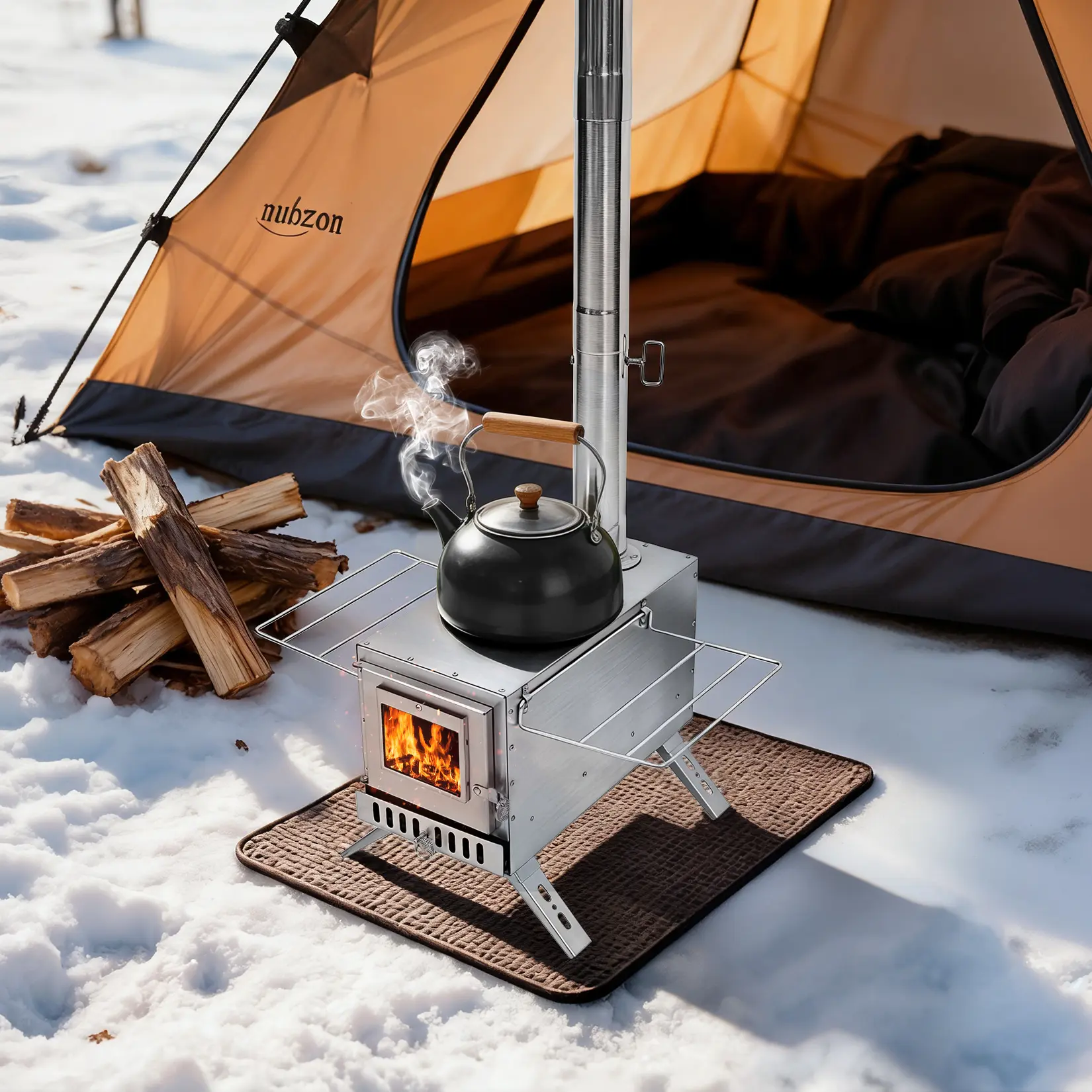Wood Burning Tent Stove, Portable Stainless Steel Heater and Cooktop for Camping & Outdoor Living with Adjustable Damper and Glass Window, Efficient Heat Conduction, Compact Kit, Backyard Gatherings, Clean, Bright Flame, Steady Warmth, Fire-Resistant