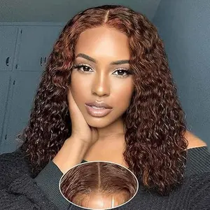 Chocolate Brown Glueless Wigs Human Hair Pre Plucked Pre Cut 180% Density Closure Wigs Human Hair Bob Wig Curly Human Hair Wig Wear and Go Glueless Wig for Women 10 Inches