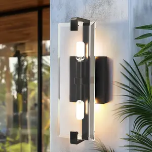 Modern Outdoor Wall Sconce, Black Metal & Clear Glass Exterior Light Fixture, 2-Light Waterproof Wall Lantern for Porch, Patio, Entryway, and Garage