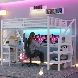 Full Size Loft Bed Frame with Desk & Stairs, Metal Full Loft Bed Frame with Storage Shelves, Charging Station & LED Light, Gaming Loft Beds with Wardrobe for Teens Adults, White