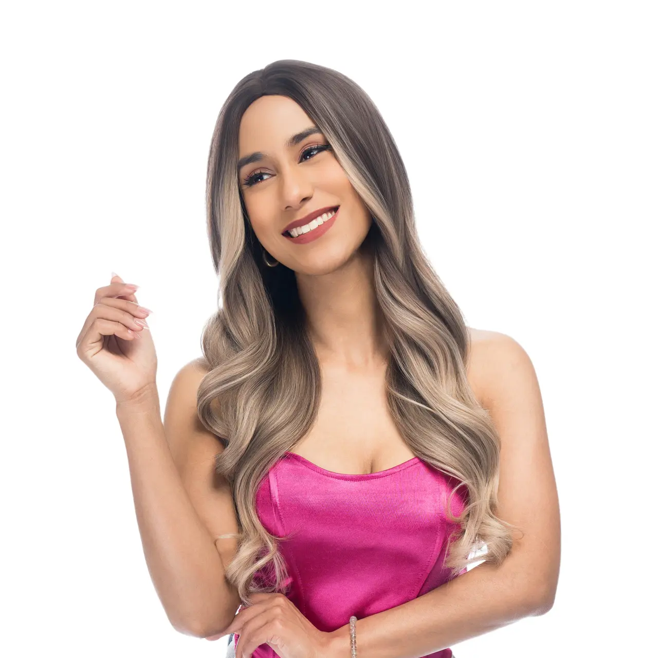 Lady Grayy 24-Inch Ombre Highlight Wig, Long Synthetic Curled Hair in Chocolate Brown with Champagne Blonde Frontlights for Daily Wear, Curled Wig, Daily Wear Wig