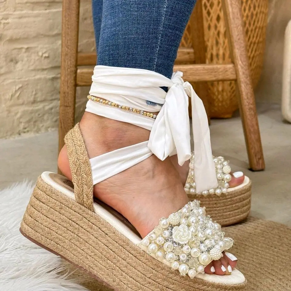 Reina Sandal with 8cm Platform Beaded Decoration and Ankle Tie Design Women's Shoes