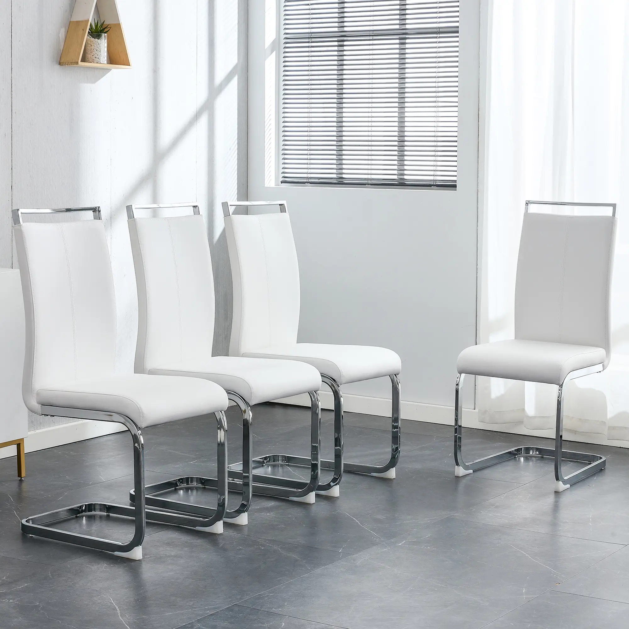 Modern Dining Chairs,PU Faux Leather High Back Upholstered Side Chair with C-shaped Tube Chrome Metal Legs for Dining Room Kitchen Vanity Patio Club Guest Office Chair (Set of 4)(White+PU Leather) Solid Wood Armchair Dressing Table Stool