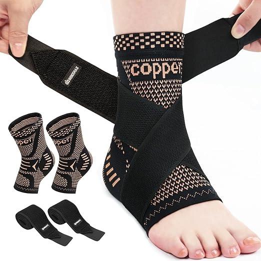 2PCS Copper Ankle Brace Compression Sleeve – Support for Achilles Tendonitis, Plantar Fasciitis, Swollen Feet, Sprained Ankle Recovery – Athletic Sports Wrap for Running, Basketball, Workout – Men & Women (Pair)