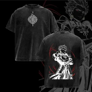 Gilgamesh Fate Series Anime T Shirt Archer King Of Heroes Back Graphic Red Eye Armor Artwork Vintage Washed Oversized Japanese Streetwear Heavyweight Cotton Unisex Manga Tee