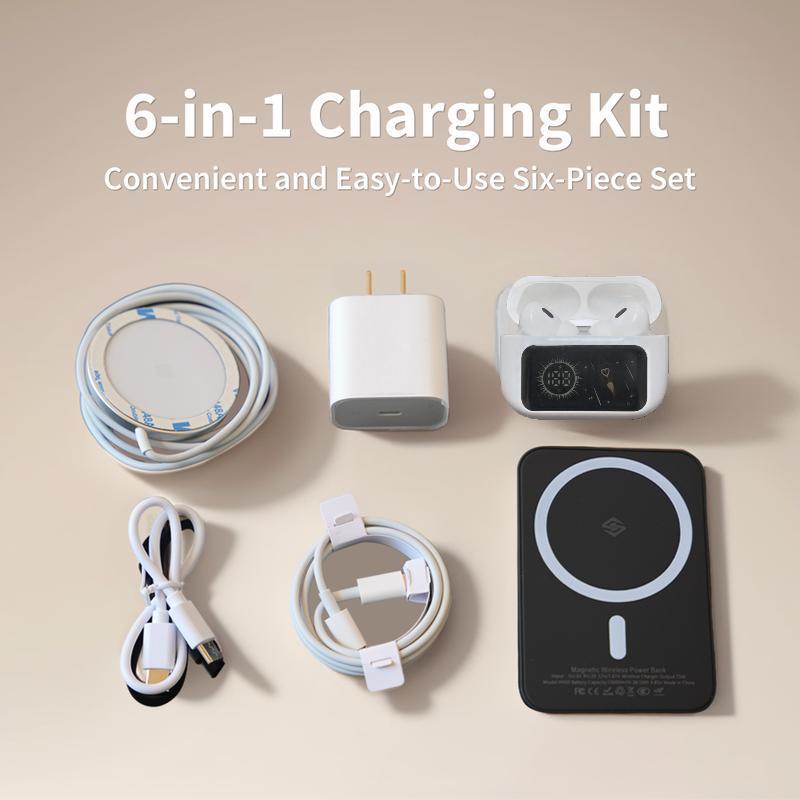 6-in-1 Portable Charging & Audio Kit – 10,000mAh Magnetic Power Bank, Wireless Charger, Type-C Cable & Bluetooth Headphones