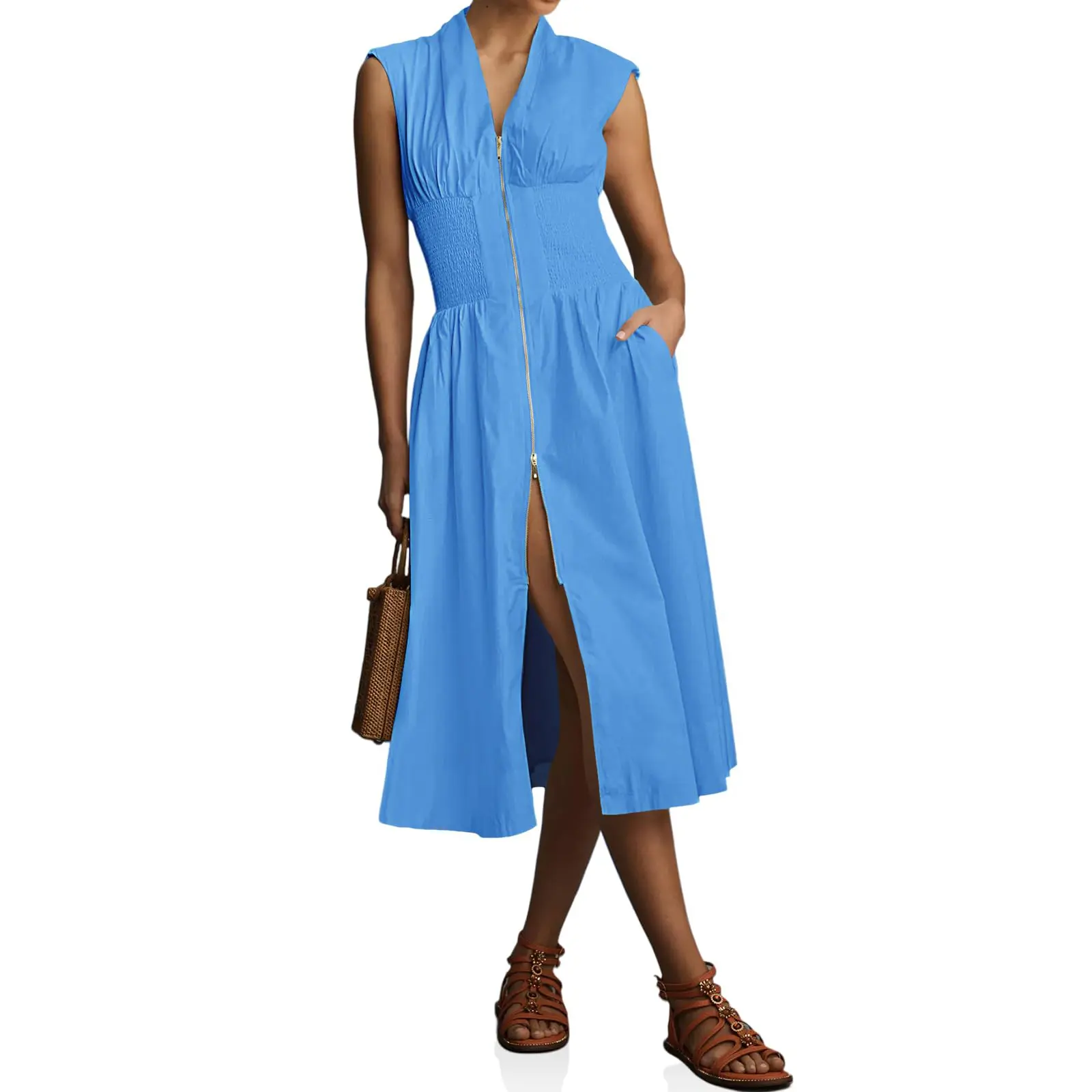 Wenrine Womens Summer Smocked Midi Dress Casual Zipper V Neck Cap Sleeve  High Slit Flowy Long Dresses - TikTok Shop