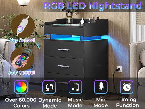 Sikaic Modern Large Nightstand Bedside Table Cabinet with Drawer Storage Charging Station and LED Lights Wood Bedside Table Bedroom Furniture