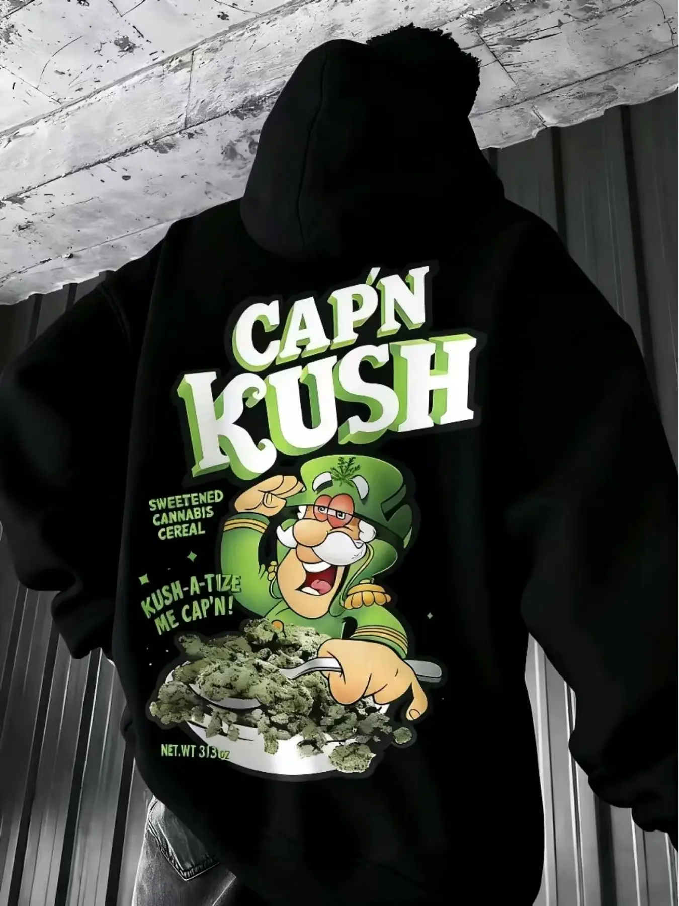 Men's Oversized Capn Kush Graphic Hoodie - Retro 90s Cartoon Weed Print Pullover, Heavyweight Fleece Lined Streetwear Hoodie, Street Fashion Hoodie for Hip Hop & Skate, 420 Cannabis Themed Vintage, Stoner Gifts, Black Hoodie with Bold Green Print