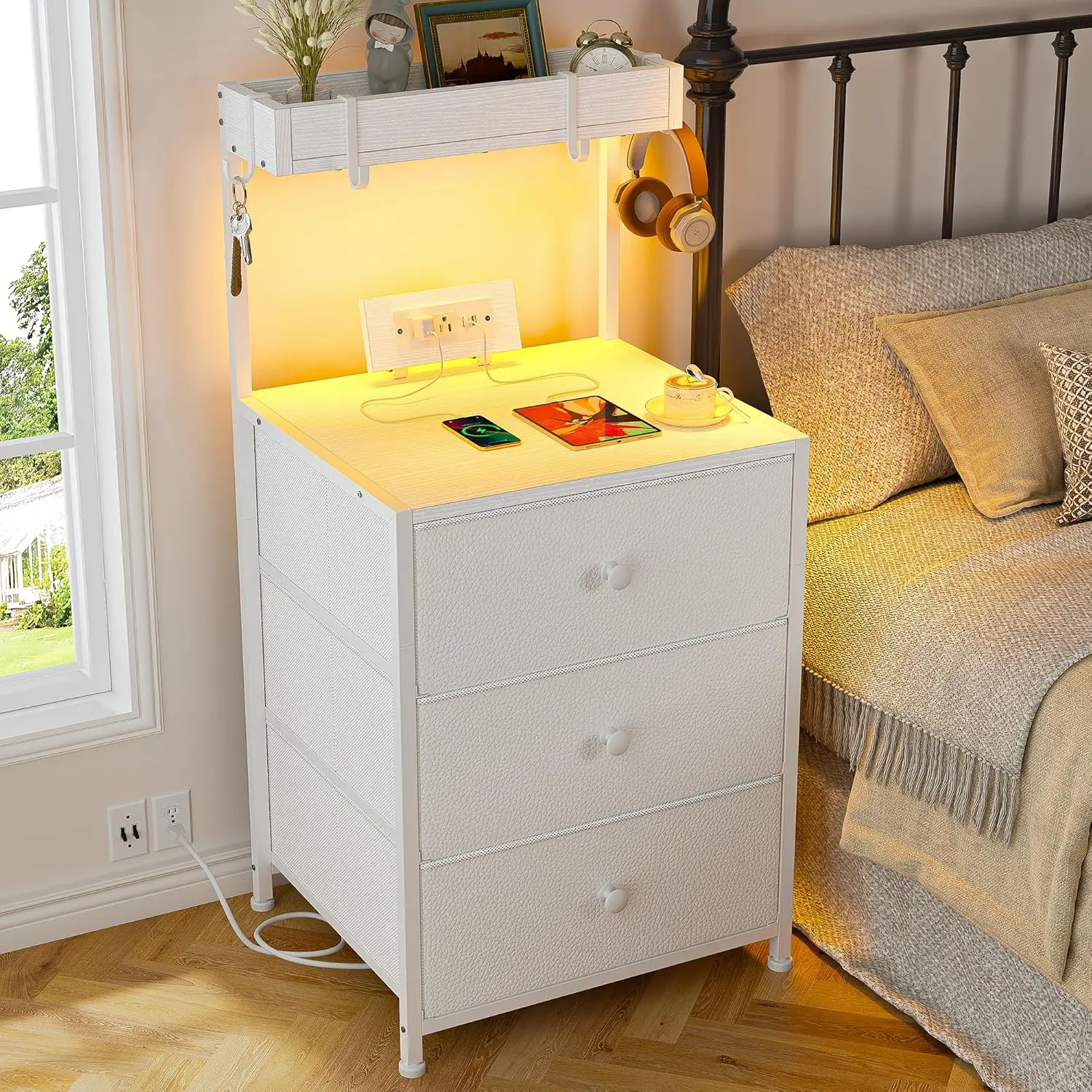 [Dorm Essential] Raybee Tall LED Nightstand with Charging Station,  LED Lights Nightstand with 3 Drawers and Shelves Bedside Table with USB Ports and Power Stripe, End Table for Bedroom Living Room, Apartment, Side Table with 4 Hooks, Mini Drawer Dresser