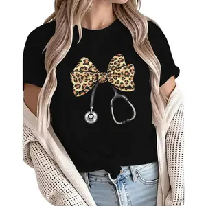 Leopard Bow and Stethoscope Nurse T-Shirt – Breathable Cotton Comfort for Nurses