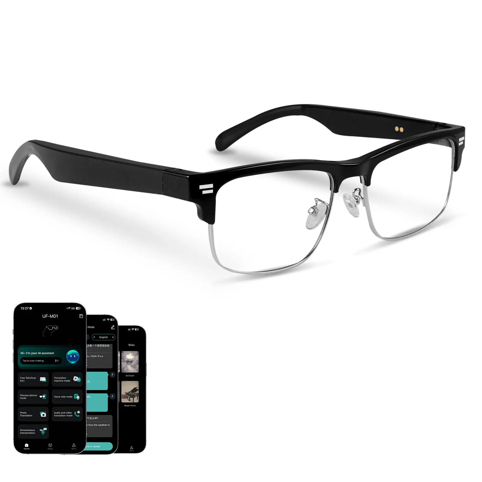 AI Translation Smart Glasses for Men Women Powered Bluetooth Translator Glasses with Speaker No Subscription Smart Glasses with Anti-Blue Light for Work Travel Father's Day Gift
