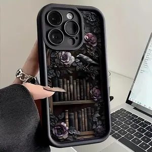 Dark Academia Raven & Bookshelf 2D Optical Illusion Phone Case | Angel Eye Camera Protector Smooth Flat Cover | Book Lover Gift for [iPhone & Samsung]  952