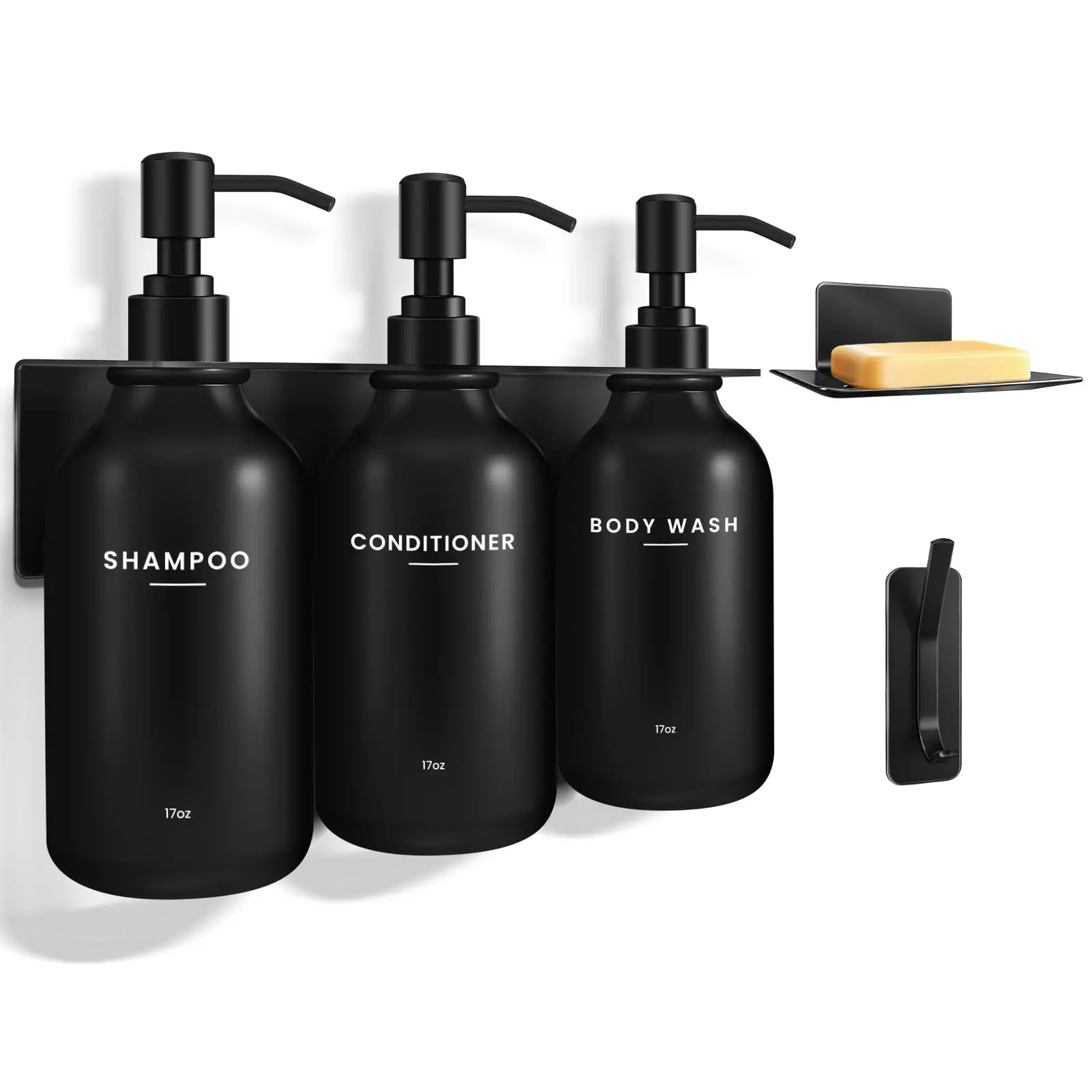 Black Drill-Free Wall-Mounted Shampoo+Conditioner & Soap Dispensers Set, 17 fl oz Plastic Refillable Bottles, Modern Clean Design, Sleek Black Bathroom Accessory Set with Soap Holder & Shower Caddy Shelf Organizer (Drill-Free Setup Saves Bathroom Time), T