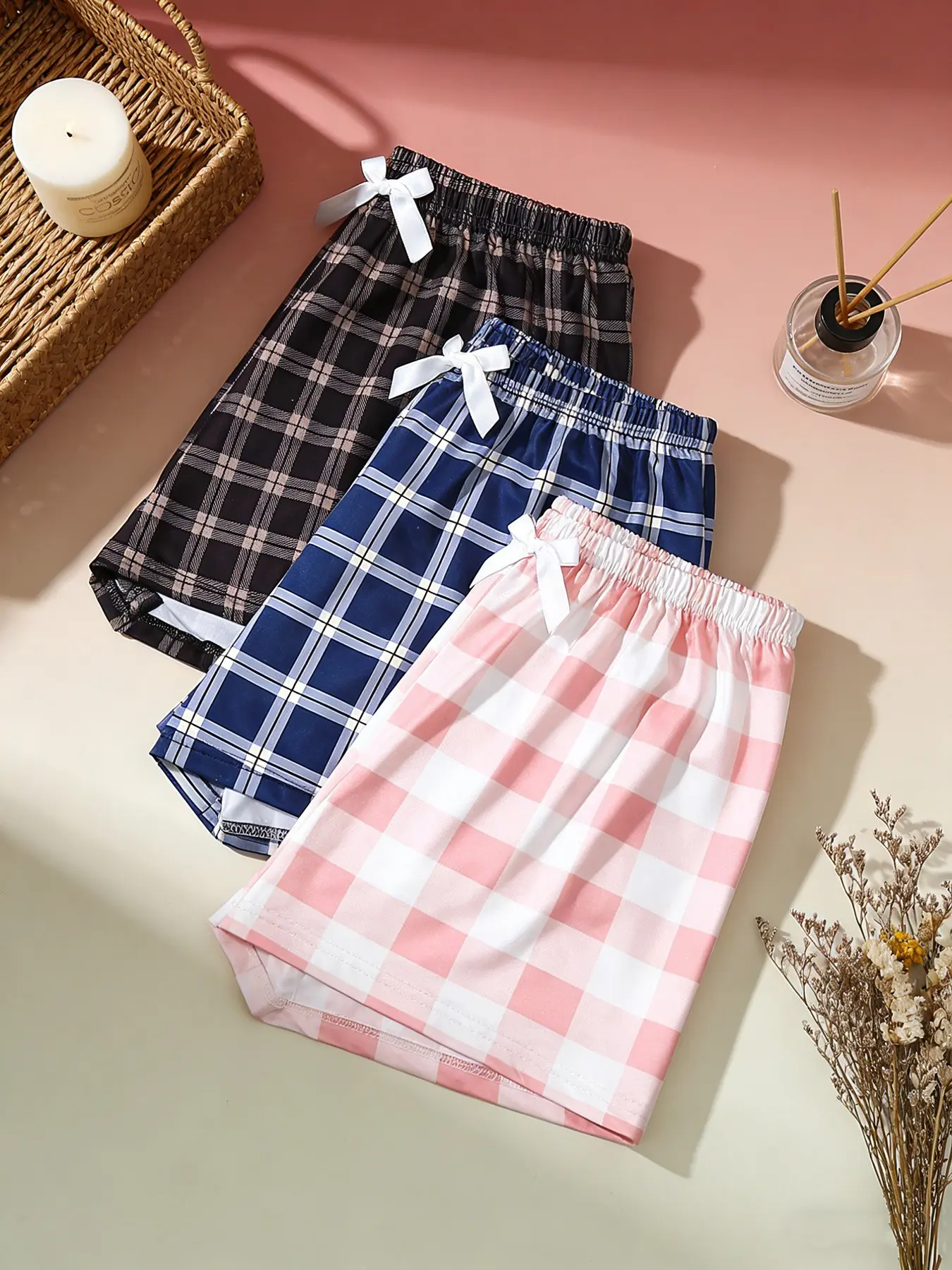 Women's 3 Pack Sleep Shorts, Casual Comfy Pajama, Pajama Chic, Fashion Sleepwear, Spring & Summer Wearable, Plaid Print with Bow Decor, Breathable Comfortable Style, Daily Home Loungewear, Effortless Loungewear, Cozy Loungewear Shorts