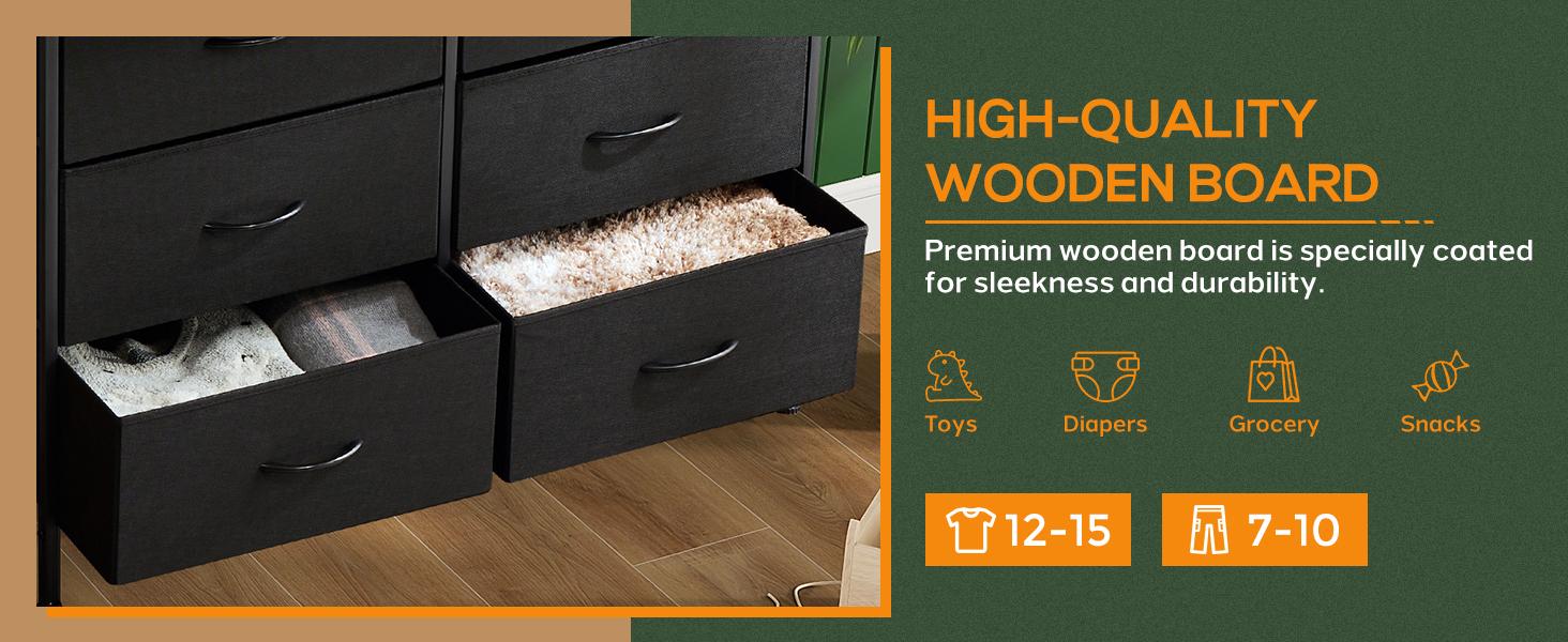 Dresser for Bedroom with 9 Drawers, Clothes Drawer Fabric Closet Organizer Cabinet, Large Chest Storage Tower with Metal Frame and Wood Tabletop