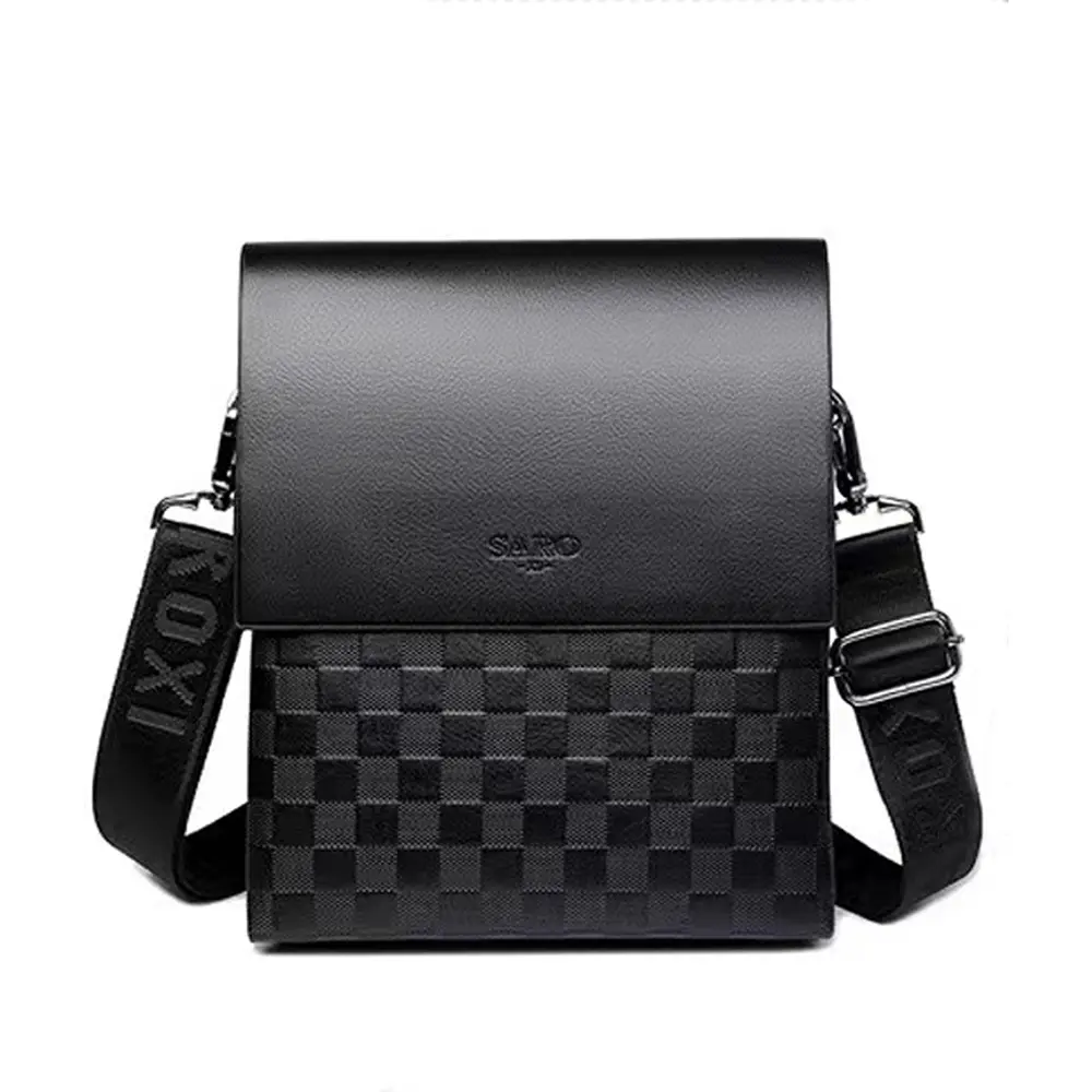 New Year promotional price men's business single-shoulder bag with adjustable strap, soft leather with a checkered design, multiple compartments inside for personal items, lightweight with a multi-compartment foldable design solid color trendy men wallet