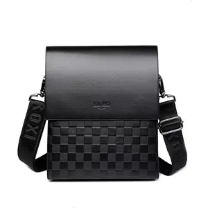 New Year promotional price men's business single-shoulder bag with adjustable strap, soft leather with a checkered design, multiple compartments inside for personal items, lightweight with a multi-compartment foldable design solid color trendy men wallet