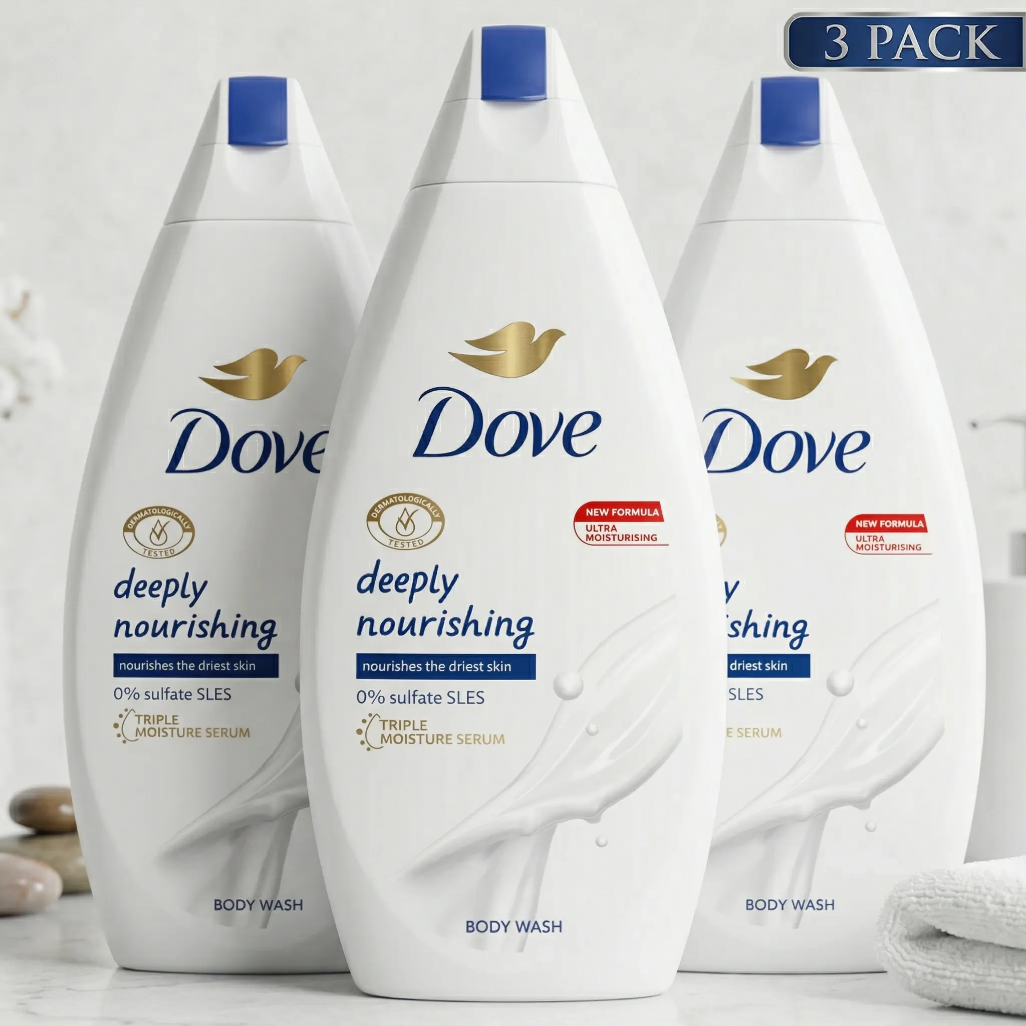 Dove Deeply Nourishing Body Wash with 1/4 Moisturizing Cream, Hydrating Daily Moisturizer for Soft, Youthful Skin, Scented, 3 Pack (15.2oz/450ml), Sudsy Cleaning, Daily Bathing, Glycerin Base, Lather & Rinse