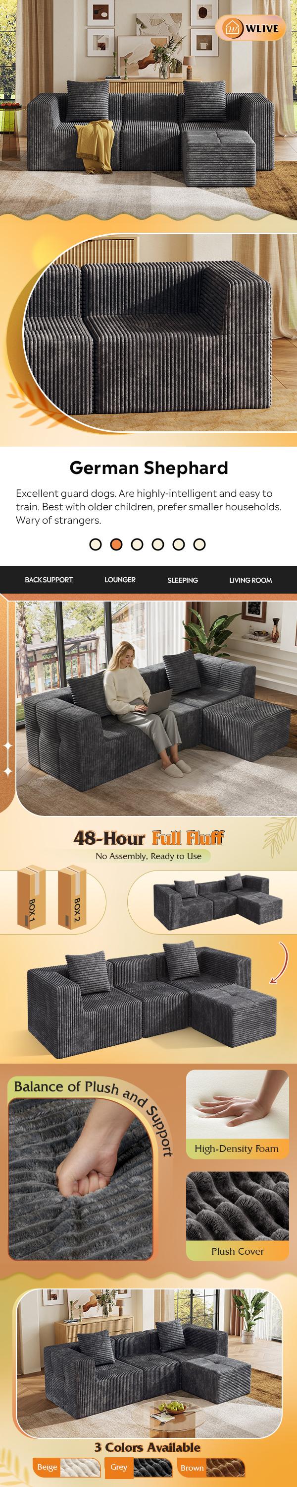 【2 Packages Shipped】WLIVE Cloud Sectional Couches for Living Room, Modular Boneless Couch with Left Facing Chaise, L Shape Memory Foam Corduroy, with Cushion