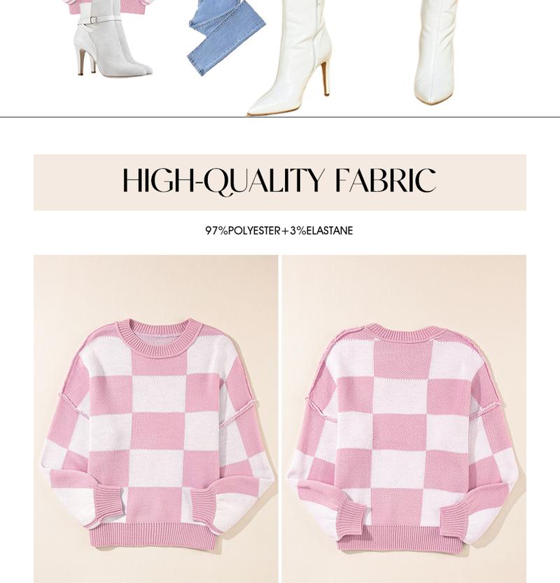 Shewin 2026 Cozy Oversized Checkerboard Knit Sweater Women's Soft V-neck Long Sleeve Pullover Perfect for Layering & Casual Outfits