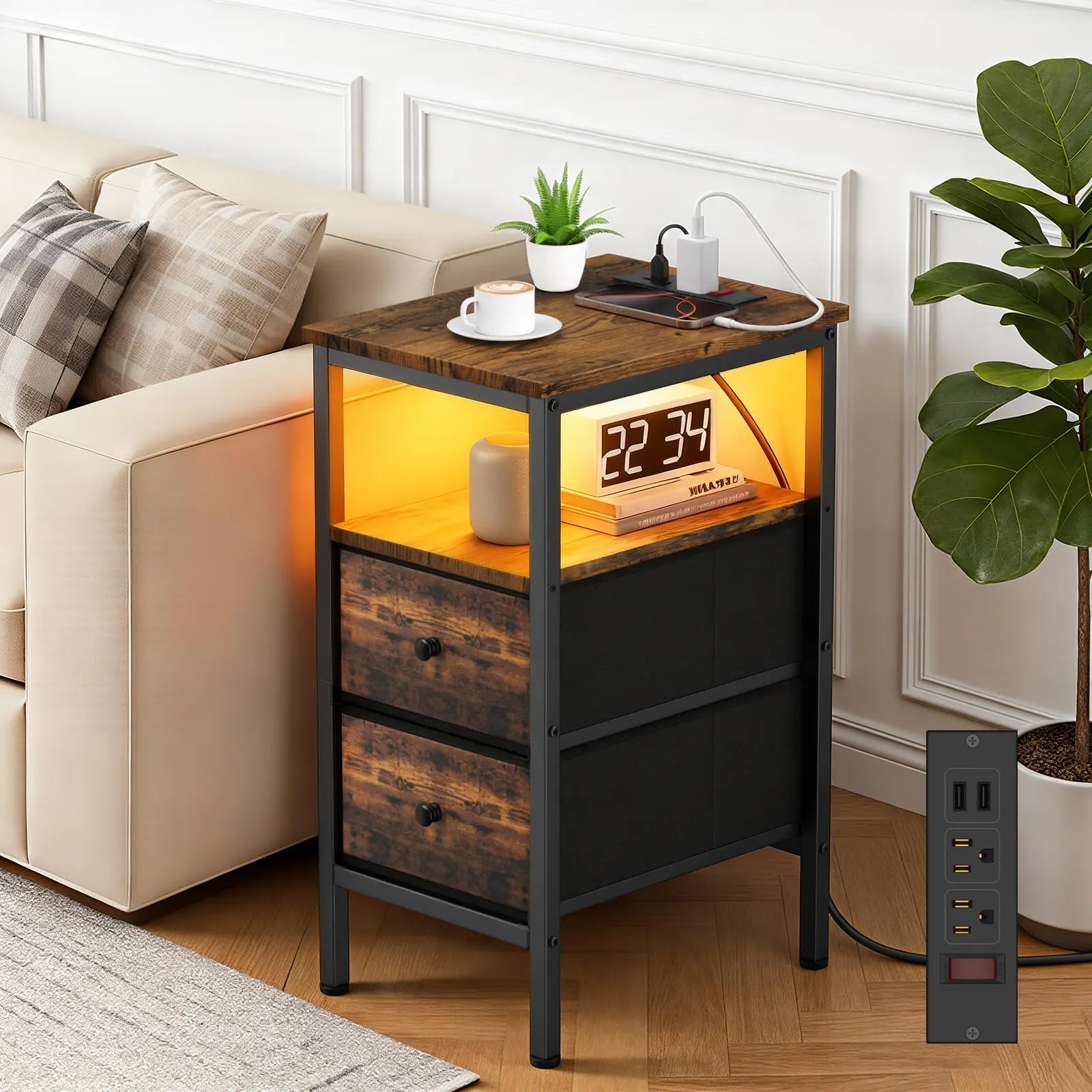 MOKO Rectangular Narrow End Table - Nightstand with Charging Station, LED Light, 2 Fabric Drawers, USB Ports for Bedside, Beside Sofas, Entryways Small Spaces