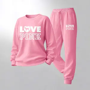 Women's Love Pink Letter Print Crewneck Sweatshirt and Drawstring Track Pants Set, Casual Sportswear, Long-Sleeve Round Neck Top and Pants, Suitable for Spring, Autumn and Winter, Everyday Wear