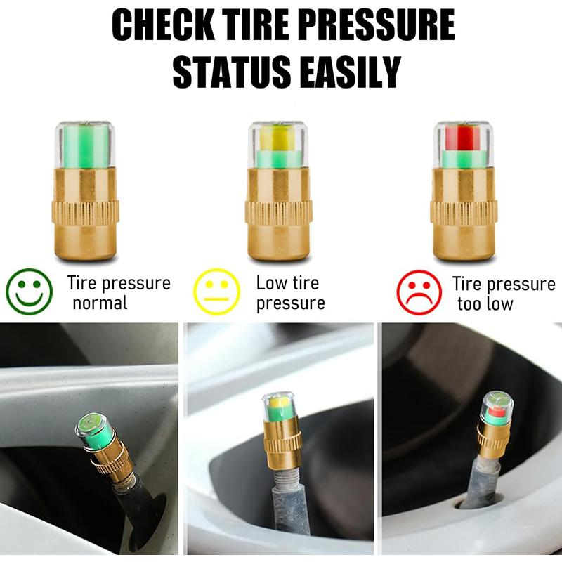 4Pcs Car Tire Pressure Monitor Valve Stem Caps Sensor Indicator 3 Color Eye Alert Pressure Monitor Tire Valve Stem Caps