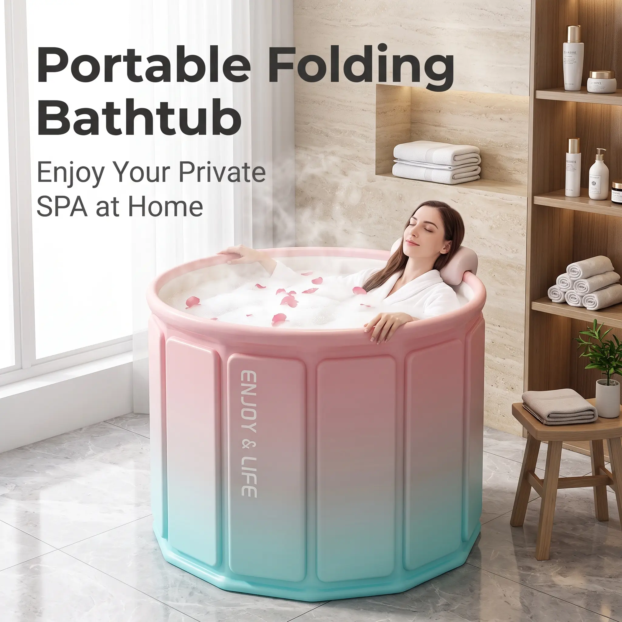 Portable Foldable Soaking Tub for Small Apartments & Renters, 6-Layer Insulated Adult Bathtub, Space-Saving No-Installation Spa Tub That Keeps Water Warm for 1 Hour