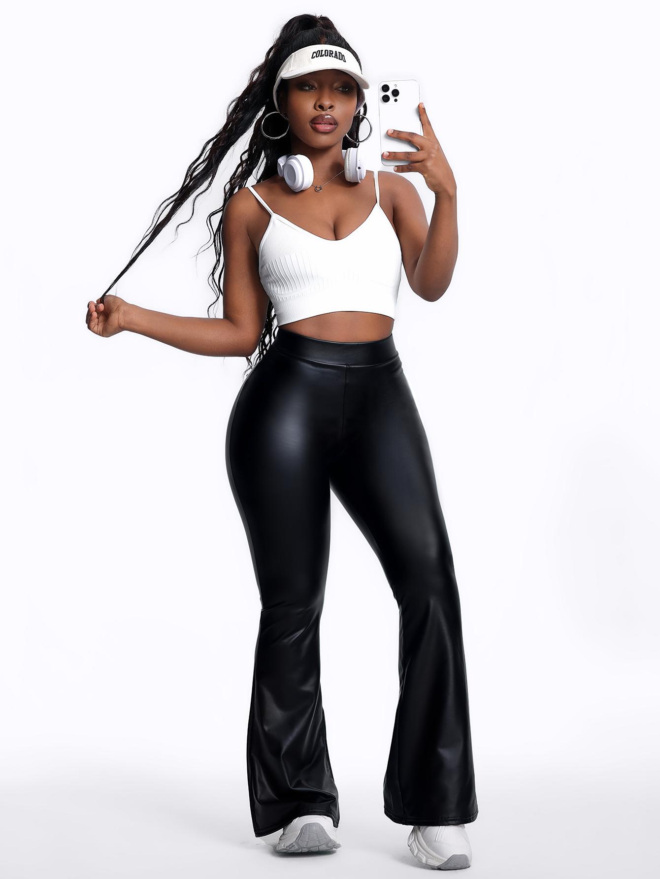 WAKYFIT Womenswear High Waist PU Leather Flare Leg Pants – Slim-Fitting Glossy Bell Bottom Trousers, Minimalist Crop Outfit for Daily & Outdoor Wear