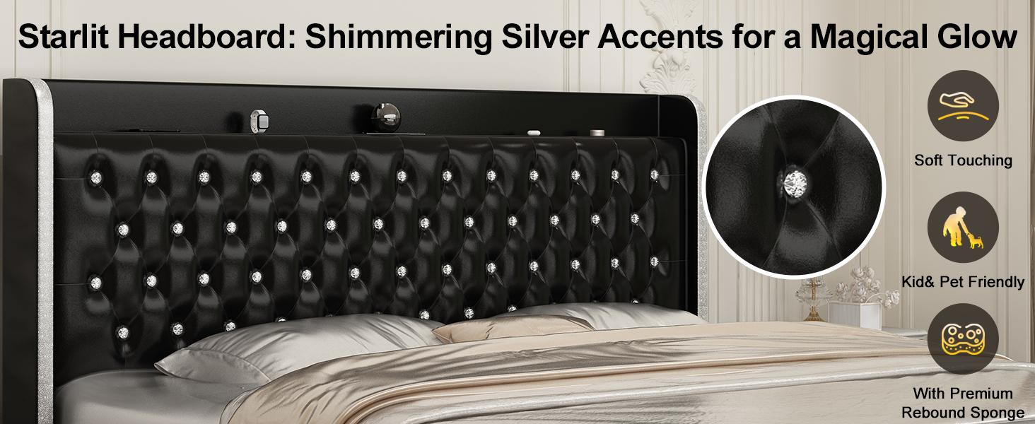 Queen LED Bed Frame Galaxy Projector  White Noise Bluetooth Music speaker,  , 46“ Tall Headboard with USB Charging ,  No Box Spring Required and No Mattress Included，Upholstered Bed with Wood Slat Support, Velvet