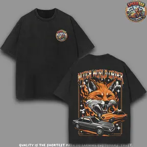 Notch World Order Fox Body Mustang Graphic Tee | Oversized Acid Wash T-Shirt | Cartoon Fire Fox & American Muscle Car Streetwear | Retro Y2K Heavy Cotton Racing Shirt for Men
