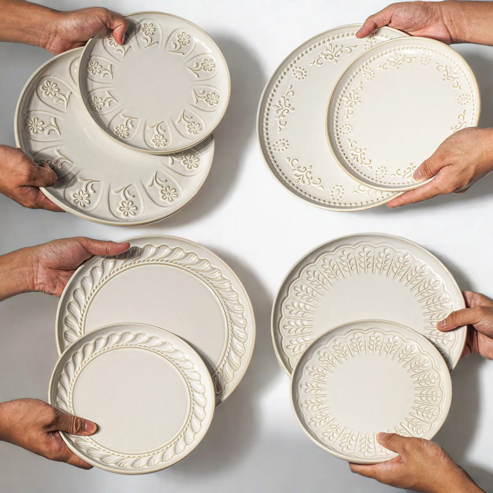 10.75/8.5"  Embossed Ceramic Dinner Plates - Lipped Edges Catch Sauces, Microwave/Dishwasher Safe (Set of 4)