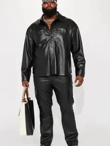 Finest Faux Leather Cargo Slim Flare Pants - Black