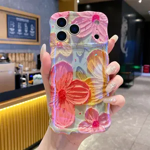 Case for iPhone 17 Pro Max 16 15 14 13 12, Colorful Retro Oil Painting Printed Flower Laser Glossy Pattern Cute Curly Wave Edge Exquisite Phone Cover Stylish Durable Shockproof TPU Protective Case for Girl Women