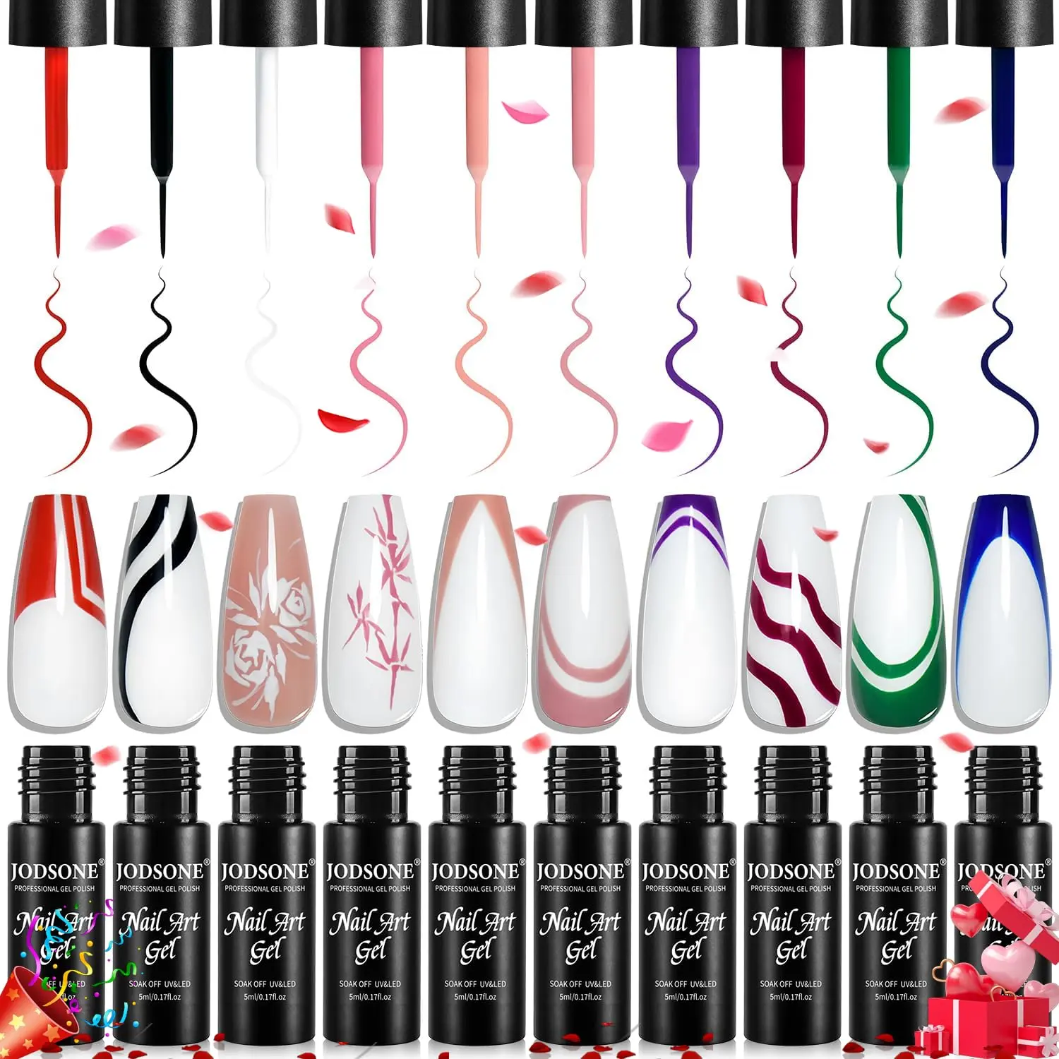 JODSONE 10-Color Nail Art Gel Liner Set with Built-in Thin Brush, UV/LED Cured Multi-Functional Luminous Fashion Fade-Resistant Gel Polish Paint for Personalized Nail Art Experience, Women's Cosmetic Gift, Radiance, 10 Vibrant And Dreamy Gel Pigments