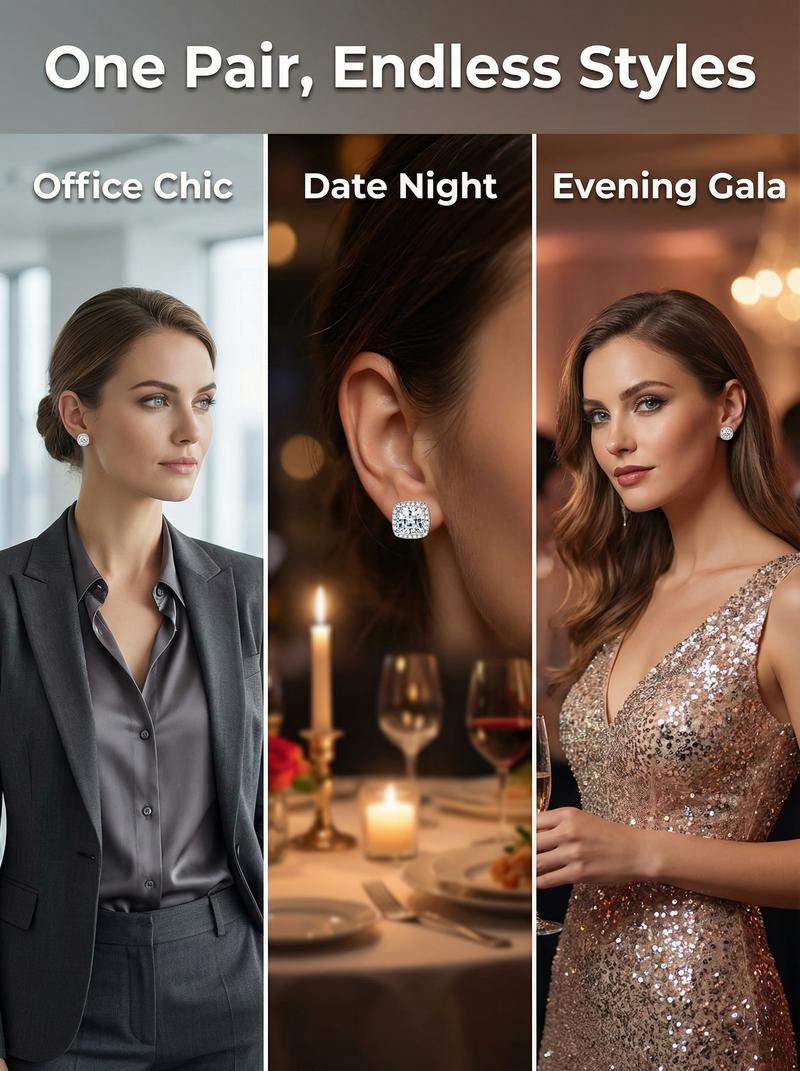 Luxury Halo Zircon Stud Set 4-Pack Gold Silver Round Square Hypoallergenic Copper Plated Jewelry Box Included Perfect for Holidays Birthdays