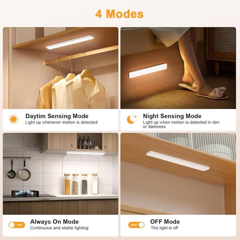 4PC Under Cabinet Lighting Motion Sensor Light Indoor USB Rechargeable Battery Operated with Magnetic Closet Kitchen Counter Motion Activated Auto Shut Off Eye Care Gradual Brightness 2 4 Pack Led Strip